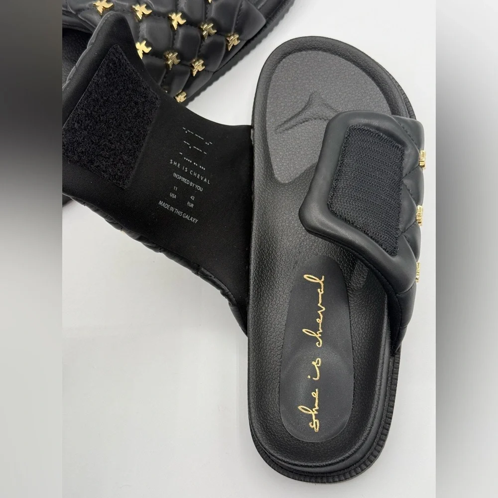 She Is Cheval Black Quilted Slide Sandals W/Gold Accents Comfort Designer Style - Picture 8 of 17